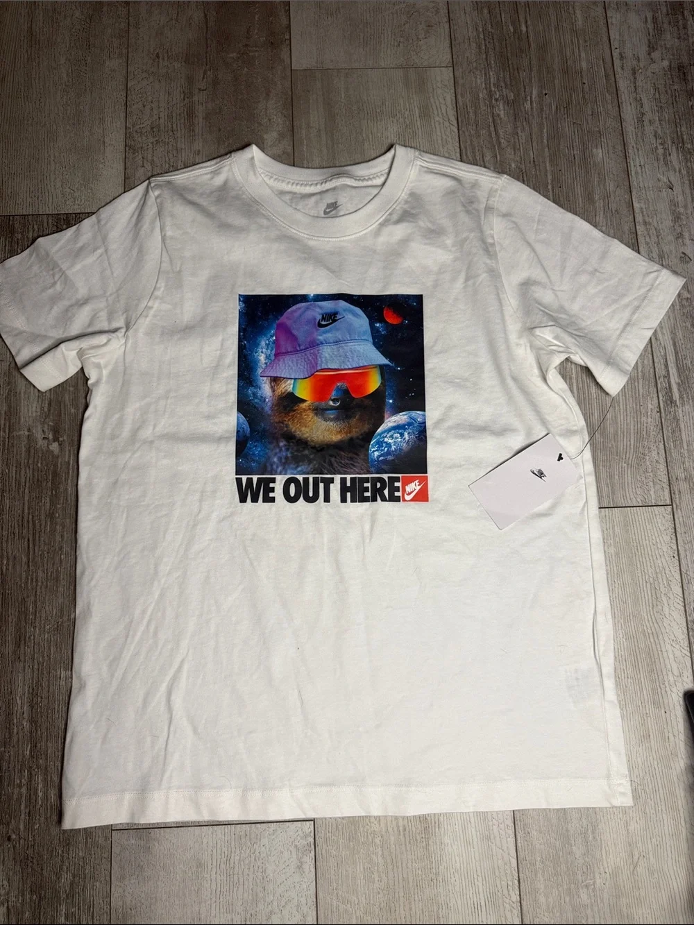 Nike White Tee with Colorful Space Sloth Graphic